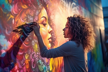 a woman painting graffiti on a wall in street 