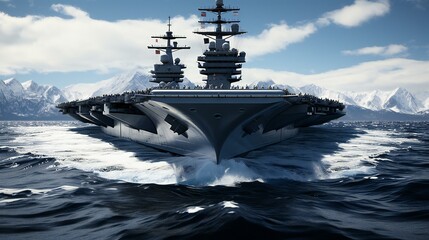 Another naval image, focusing on an aircraft carrier and various military aircraft. The picture represents naval power, defense, and the coordination of air and sea forces - obrazy, fototapety, plakaty