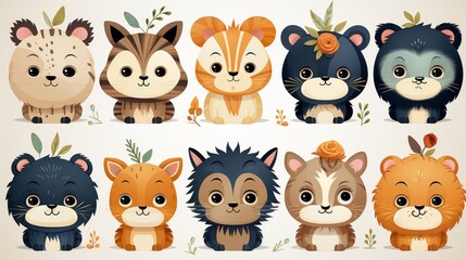Fototapeta premium Vibrant clipart creatures come to life in a wild and whimsical cartoon world, evoking a sense of joy and playfulness through their colorful illustrations