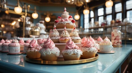 A delectable array of indulgent treats, adorned with velvety pink buttercream and sprinkled with sugary love, enticingly displayed on a rustic table in a cozy bakery - obrazy, fototapety, plakaty
