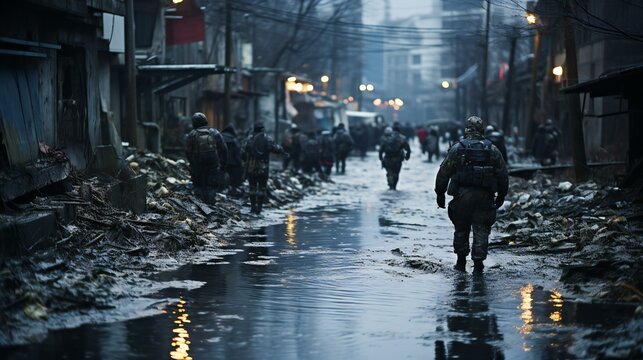 Soldiers in uniform patrolling a city street in winter, emphasizing military presence, security, and public protection