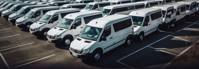 Transporting service company. White delivery vans in row. Parkende Autos, vehicle. Commercial fleet. Generative AI
