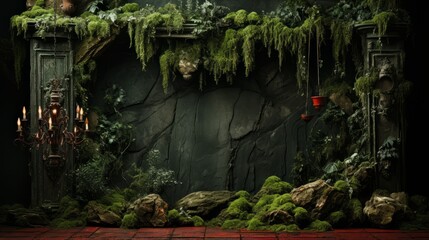 A lush garden oasis nestled within a rocky cave, where vibrant green plants thrive amidst the rugged outdoor landscape, surrounding a majestic tree as if it were the heart of this untamed paradise