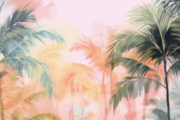 Fototapeta na wymiar Tropical plants and palm trees, for texture background photo wallpaper. Pastel colours. Wallpaper pattern painted in watercolour. Generative AI