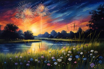 sunset fireworks flowers river background july dreamland night radiant flares super tall