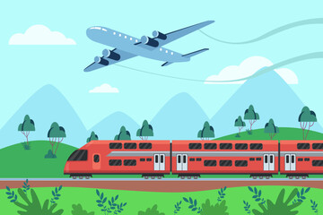 Obraz na płótnie Canvas Competition of low-cost air flights and high-speed trains trips. Flat vector illustration. Travelling by airplane versus travelling by train. Means of transport, tranportation concept