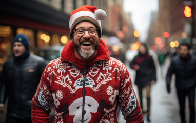 a man's smiling as he walks down the street in Christmas hat