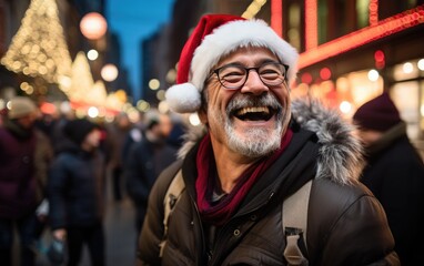 Obraz premium a man's smiling as he walks down the street in Christmas hat, snowing