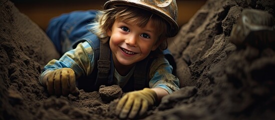 Boy excavates like an archaeologist, training for fossil digs and having fun.