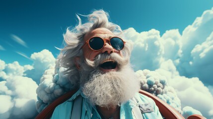 Mature man with a beard, portraying a happy and stylish older individual enjoying the beach - obrazy, fototapety, plakaty