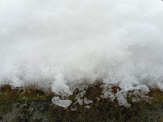 A concrete column under a thick layer of snow. Winter themed backgrounds and textures.