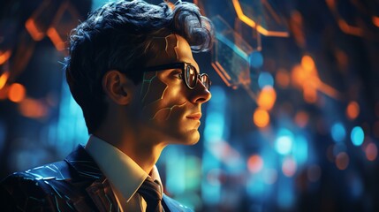 Person in a futuristic costume with neon lights, embodying a cyberpunk or fantasy character