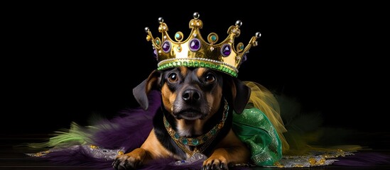 Owner crowning Mardi Gras dog. - obrazy, fototapety, plakaty