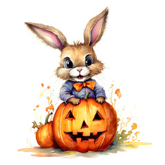 Fototapeta premium Cute cartoon watercolor halloween rabbit with a pumpkin on a transparent background