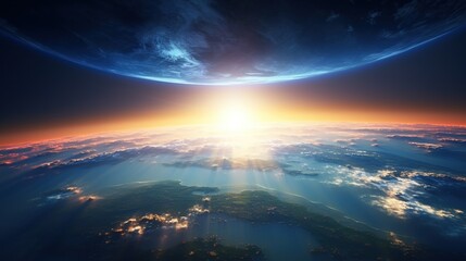 Beautiful sunrise over earth as seen from orbit space view. Created with Generative AI