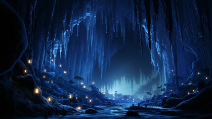 A winter landscape inside a cave, featuring ice formations and a blue background.A fantasy-like quality, suggesting adventure and exploration.
