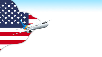 3d illustration plane with United States flag background for business and travel design