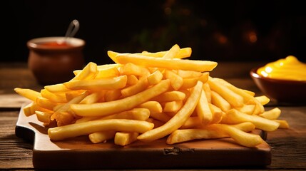 Delicious french fries or fried potatoes with chili sauce on a wooden tray. Generative AI