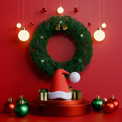 Christmas wreath with podium and light bulbs , 3d render