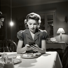 A mid-1950s housewife checking her text messages on a Smartphone.