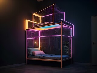 transparent glowing bedroom, glowing lines, black background, for design, isolated