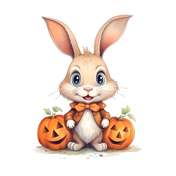 Cute cartoon watercolor halloween rabbit with a pumpkin on a transparent background