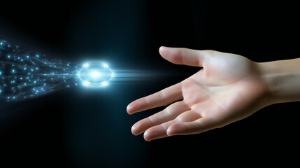 Abstract and futuristic concept of a businessman holding a glowing sphere, symbolizing power and energy