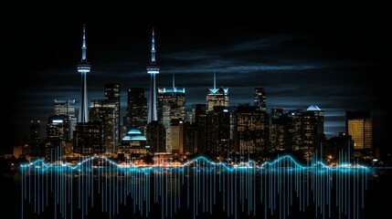 Cityscape at night with urban skyscrapers, water, and colorful lights, representing a modern and vibrant city