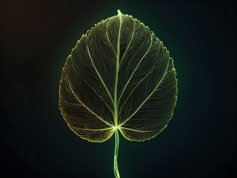 transparent glowing green leaf, glowing lines, black background, for design, isolated