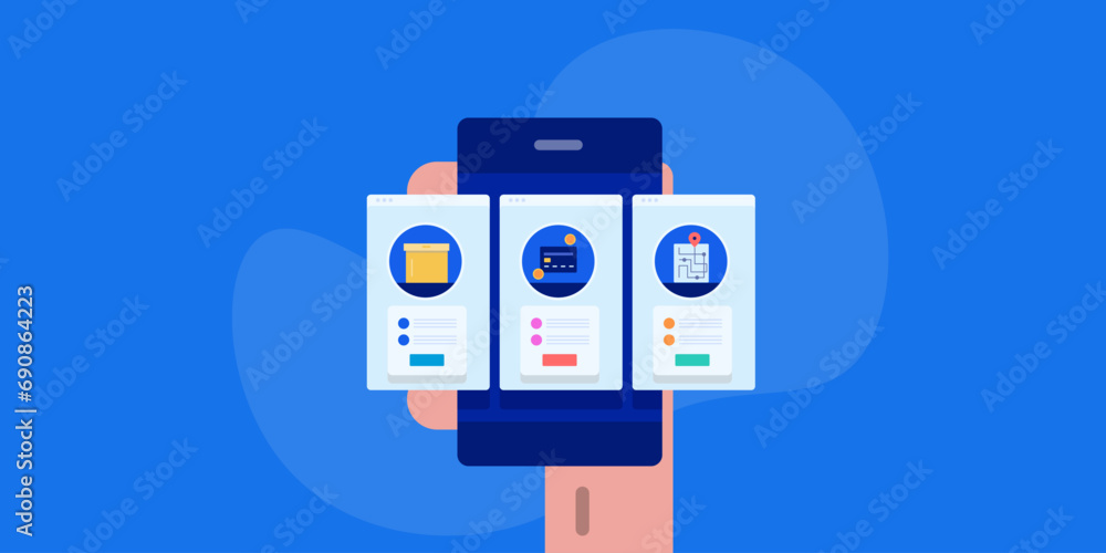 Poster ui design interface, ecommerce mobile app display, online shopping cart on smartphone screen. vector