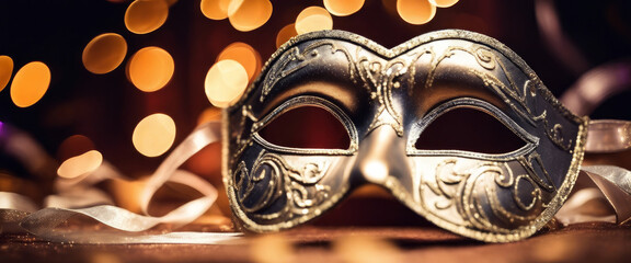 Realistic image of a silver masquerade mask with intricate designs and a black ribbon, set against a background of warm bokeh lights. - obrazy, fototapety, plakaty