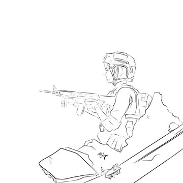 soldier aiming rifle, monochrome sketch clip art preview