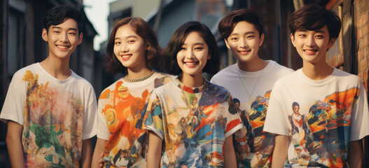 young smiling asian ladies and boys standing next to each other in their fashion t-shirts - obrazy, fototapety, plakaty