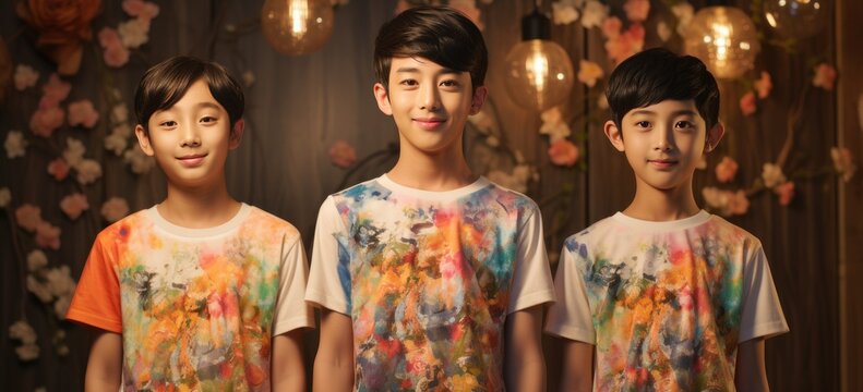 young smiling asian ladies and boys standing next to each other in their fashion t-shirts