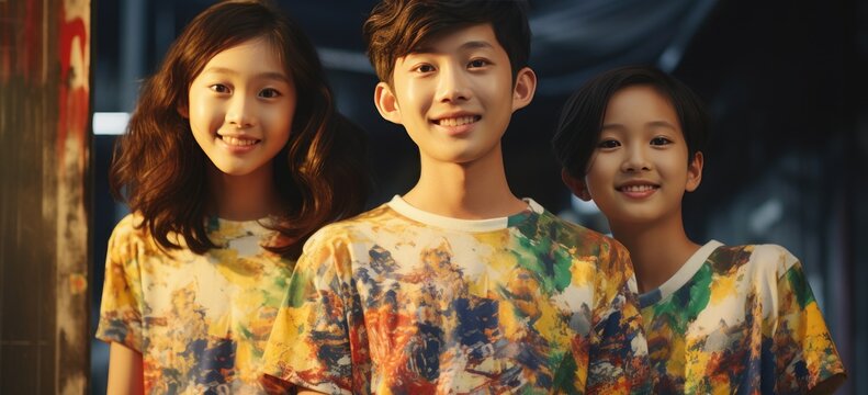 young smiling asian ladies and boys standing next to each other in their fashion t-shirts