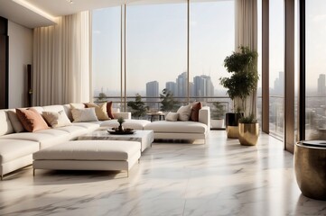 Luxurious High-rise Apartment Living Room with Cityscape View