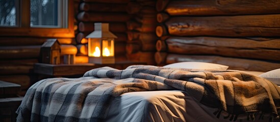 Cozy blanket on bed in rustic log cabin bedroom.