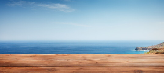 Fototapeta premium Wooden Tabletop and Blue Skies
