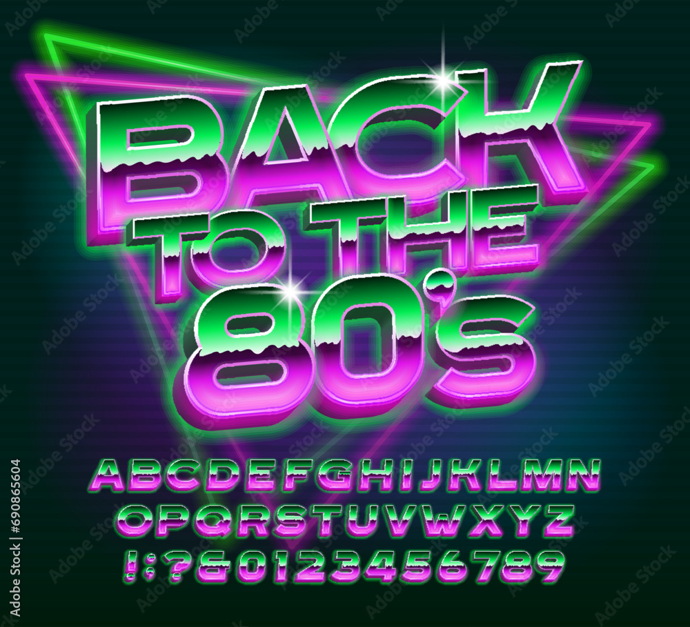 Fototapete back to the 80s alphabet typeface. 80s style bright neon 3d letters and numbers. stock vector typesc