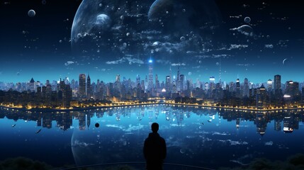 Fototapeta na wymiar A space-themed illustration featuring a futuristic city on a distant planet. The blend of science fiction and nature elements adds to the captivating allure of the image