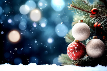 Fototapeta na wymiar Pine tree decorated with christmas balls,snow,bokeh background,glitter. 