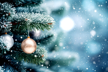 Fototapeta na wymiar Pine tree decorated with christmas balls,snow,bokeh background,glitter. 