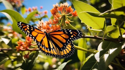 a close-up of a Monarch butterfly resting on a milkweed plant, emphasizing the vivid orange and black patterns of its wings in the spring sun.