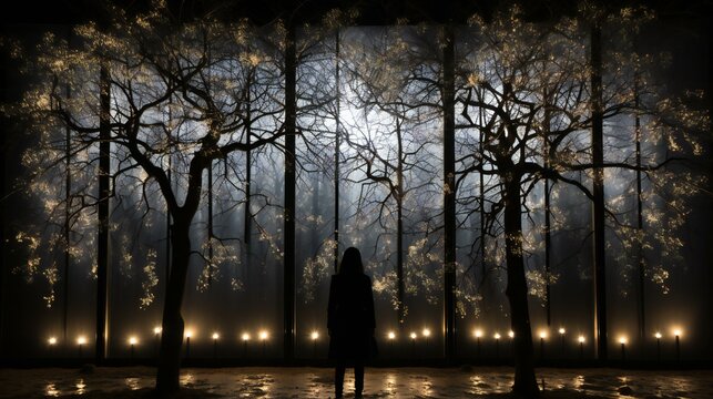 A mysterious and foggy night scene with a silhouette of a person, creating an eerie and atmospheric image