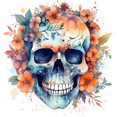 Cute cartoon watercolor halloween skull with flowers on a transparent background