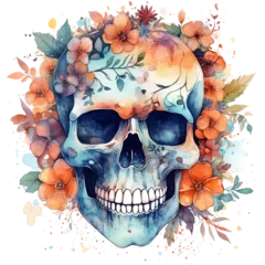 Poster Crâne aquarelle Cute cartoon watercolor halloween skull with flowers on a transparent background