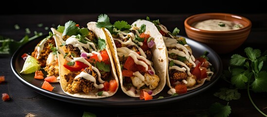 Cilantro-flavored cauliflower tacos with a spicy kick and creamy topping. - obrazy, fototapety, plakaty