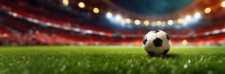 Fototapeta premium traditional soccer ball on field with stadium lights, copy space