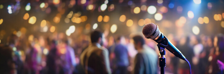microphone on stage with blurred people and lights in background - obrazy, fototapety, plakaty