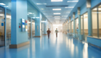 Fototapeta premium Empty hospital corridor with medical equipment. Blurred background, selective focus